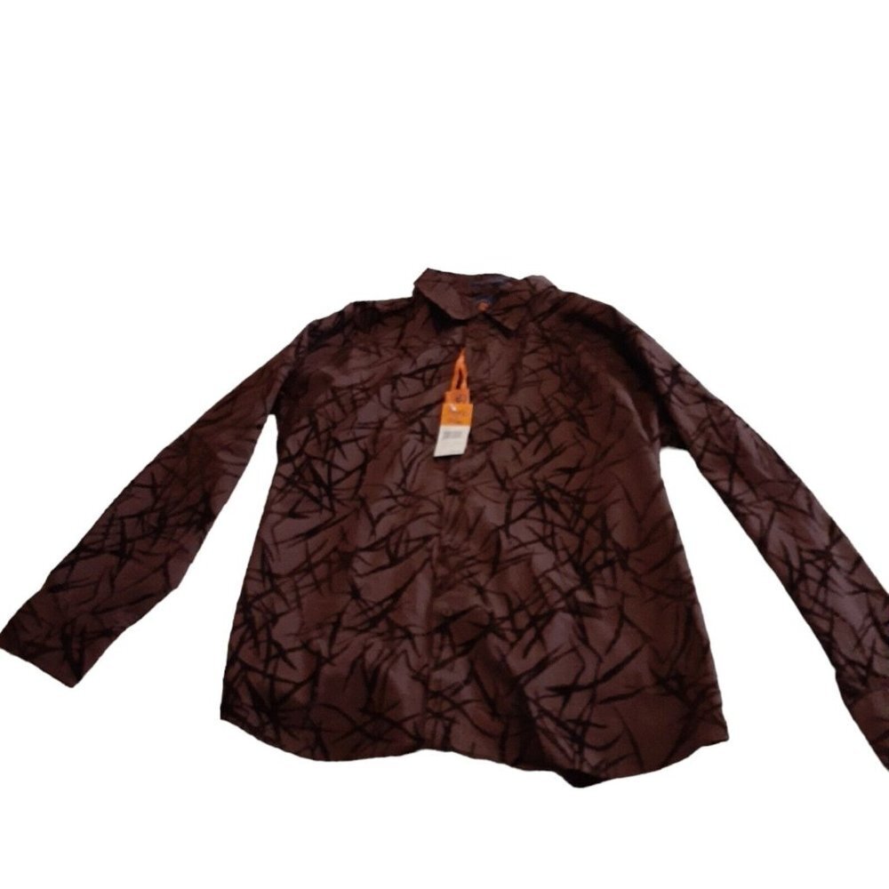 Franky Max Button Front Flocked Shirt Bamboo Leaf Print Brown Espresso  2XL